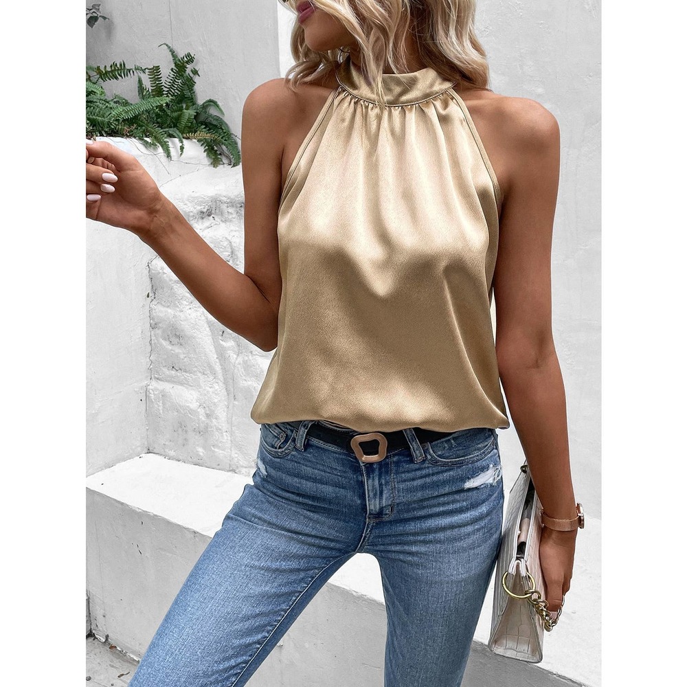 Solid Keyhole Back Halter Neck Blouse gold - Picture 6 of 7